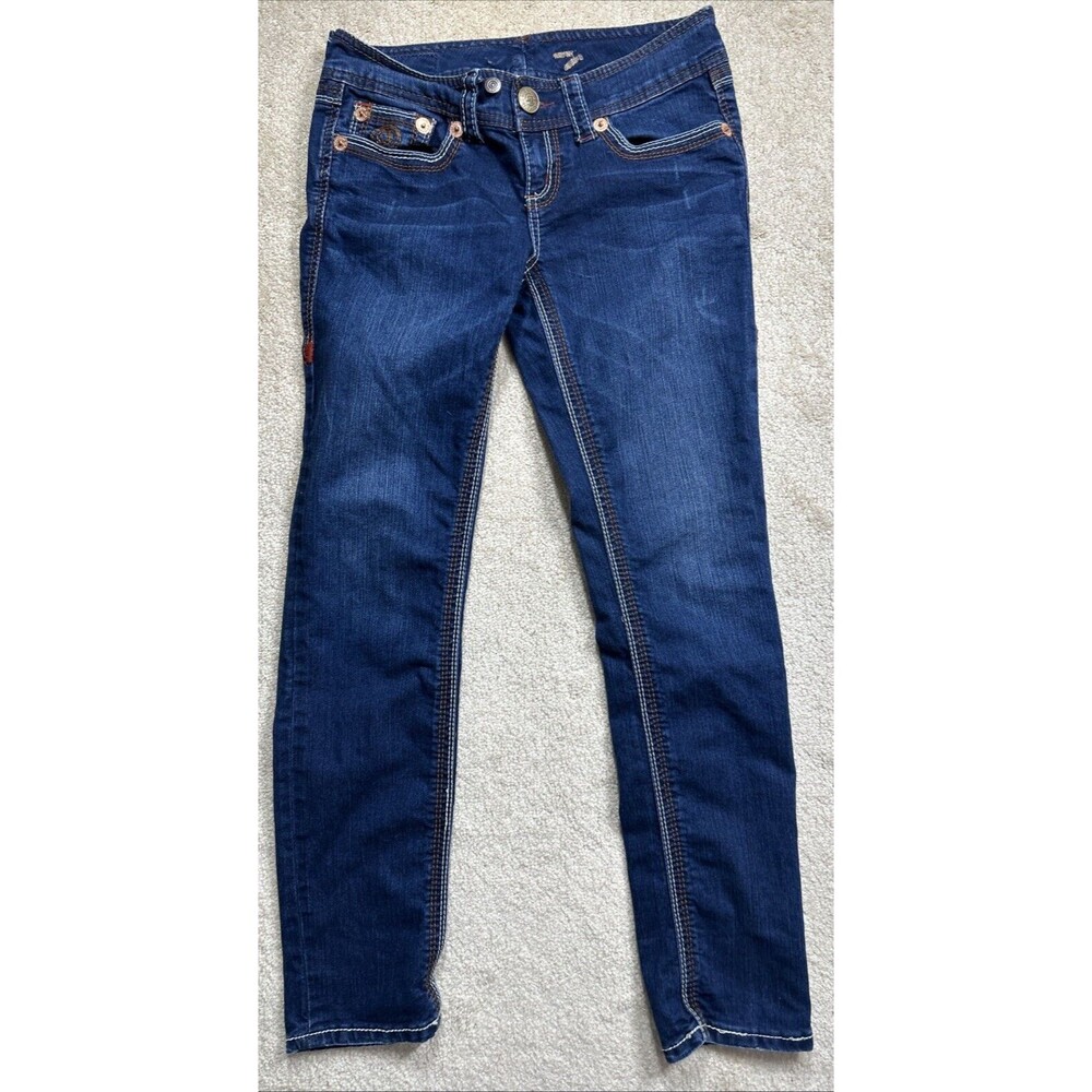 Seven7 Women's Jeans Size 27 Blue Skinny Faded Whisker Stitching Stretch Comfort